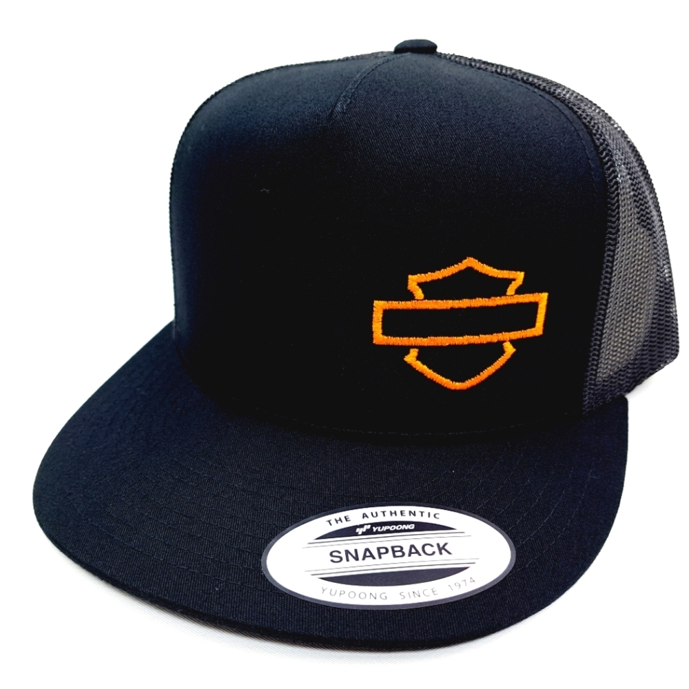 Harley Bar & Shield Flat Bill Snapback Baseball Cap Hat Black Embroidered
